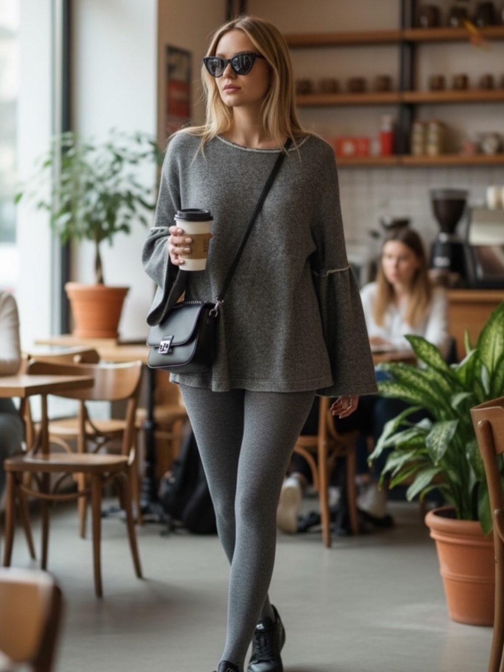 KYE MI HEATHER GRAY SOFT SCOOP NECK BELL SLEEVE SWEATER BLOUSE